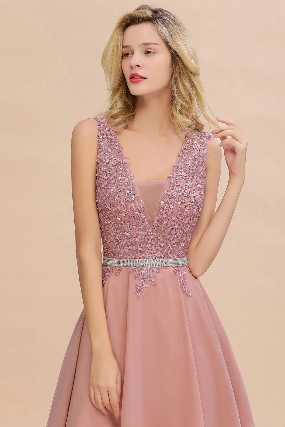 Newest Dusty Pink Sequins Lace Cocktail Dresses With Sashes Sexy V neck A Line Chiffon Short Party Gowns For Prom Evening 2024