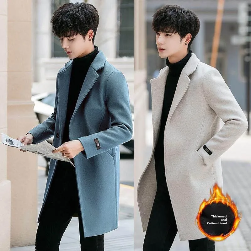 

Thickened Cotton Woolen Overcoat Korean Style Student Fashion Mid-Length Autumn Winter Coat for Men Cleanfit Style Single Button
