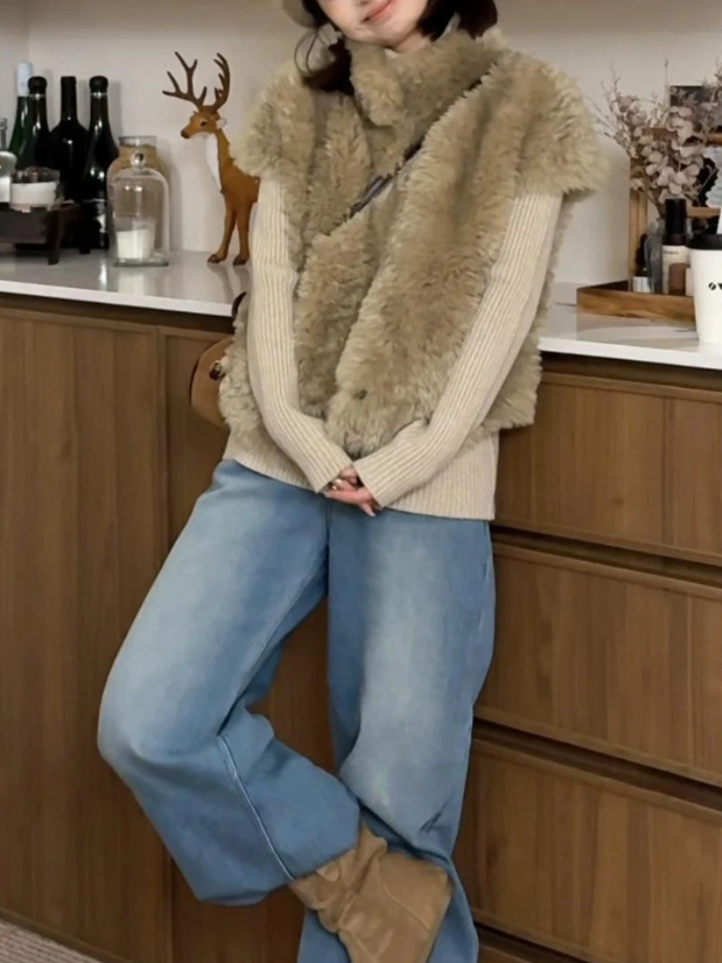 

Корейский жилет из искусственной кожи с отделкой из меха ягненка, женский зимний свободный приталенный жилет-куртка, модная верхняя одежда