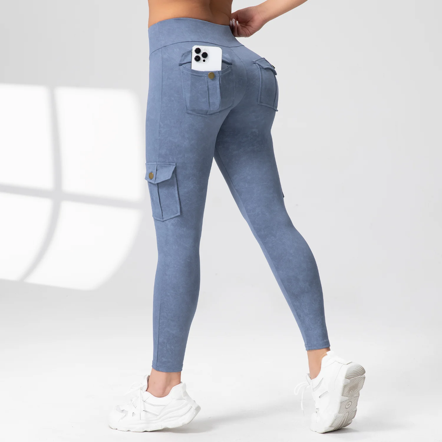 ผู้หญิงล้างพิมพ์โยคะ Cargo กางเกงขายาวพร้อมกระเป๋าเอวสูงยกสะโพกฟิตเนส Legging ยืด SLIM FIT ขี่จักรยานกางเกงกีฬา