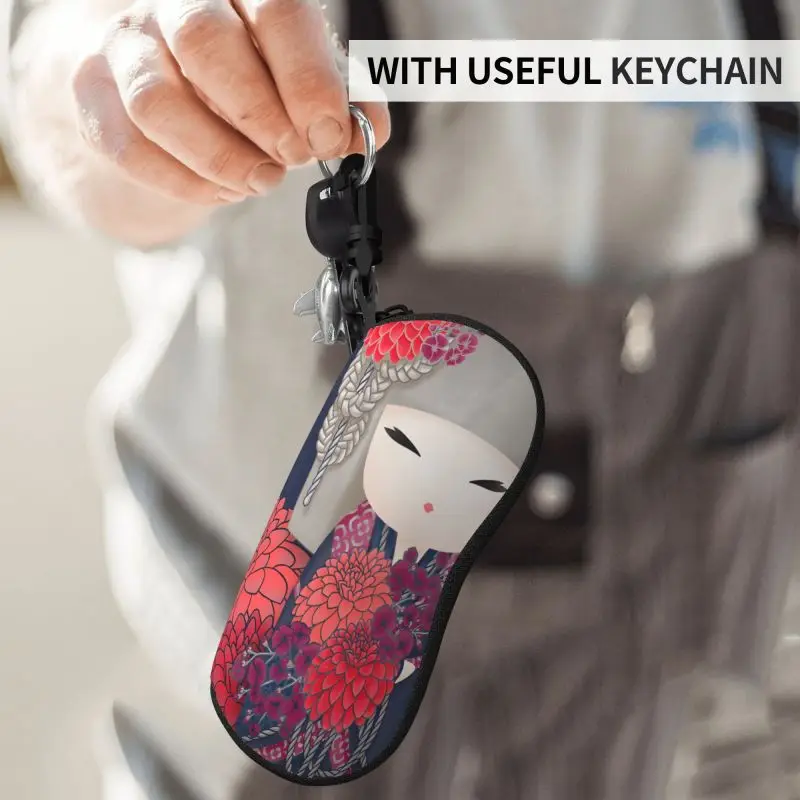 Red Sakura Kokeshi Doll Japanese Glasses Case Portable zipper soft-shell is suitable for cosmetics storage Glasses case