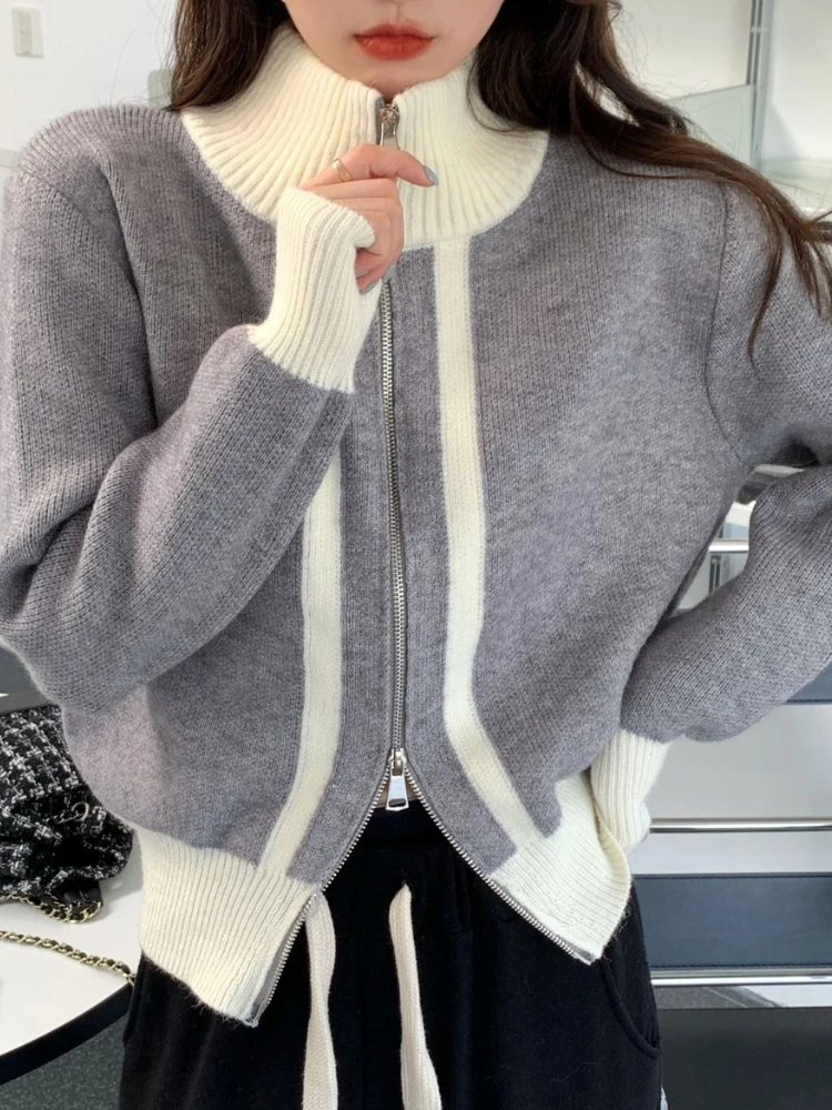 

2024 Winter Fashion New Women's Warm Loose Knitted Cardigan Stand Up Collar Splicing Elegant Luxury Cashmere Sweater Coat