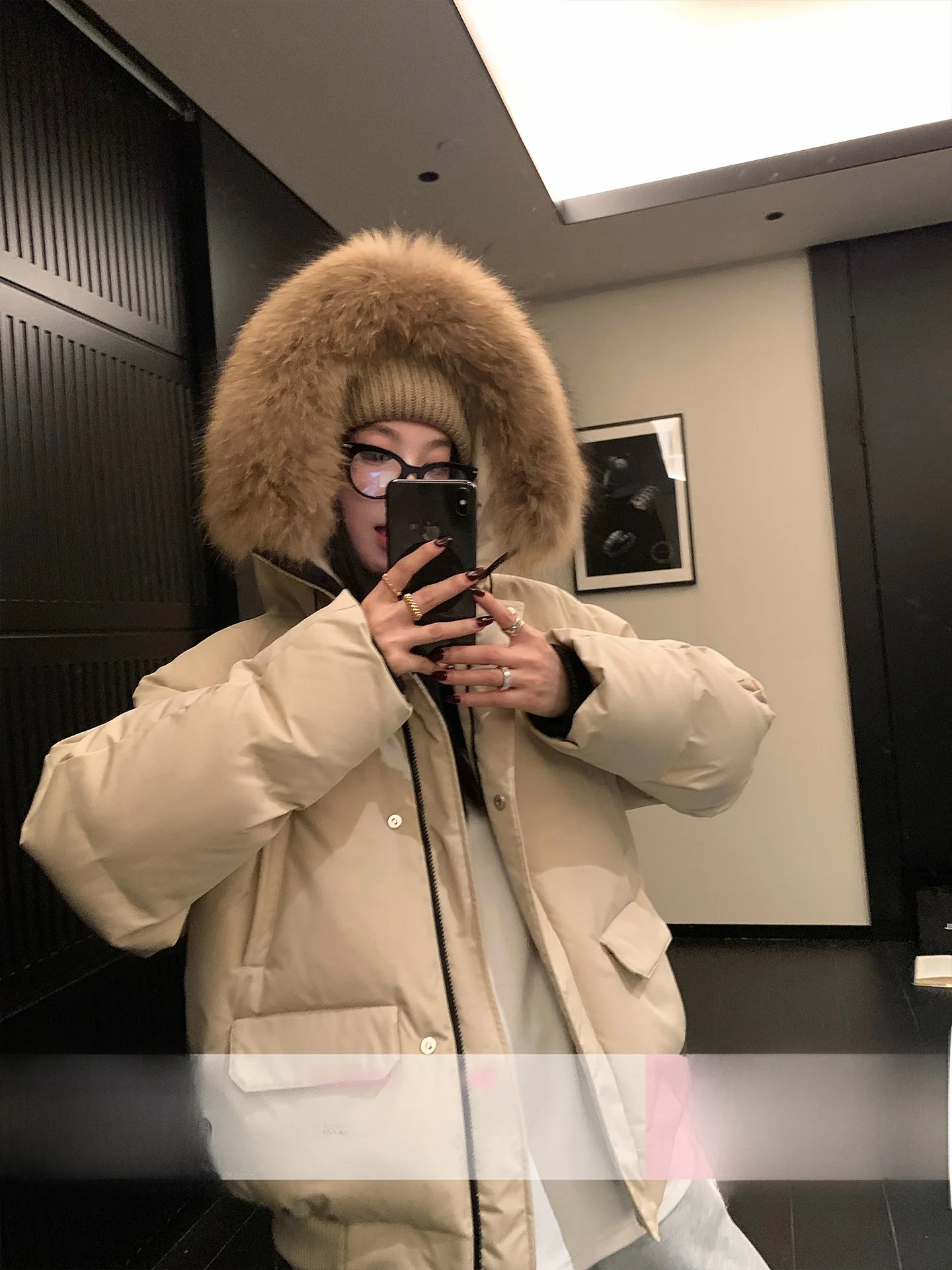 

Winter Warmth King Du down Jaet Hooded Fur Collar Workwear Coat Thiened Long Sve round Ne Single Button Closure