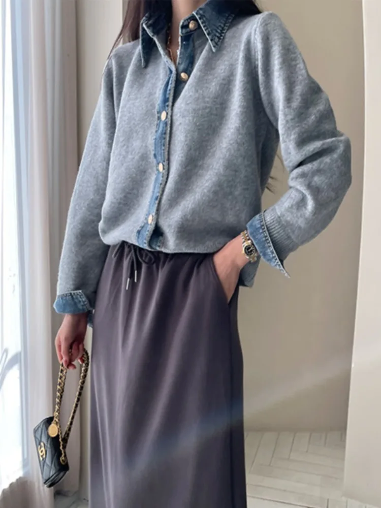 Soft Knitted Denim Patchwork Fake Two-Piece Sweater Coat Women's Autumn New Sle Korean Sle Inner Wear Casual Streetwear