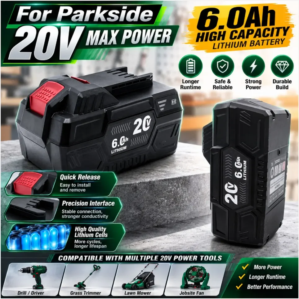 Magazzino locale in Polonia: batteria di ricambio agli ioni di litio da 20 V e 6,0 Ah per i modelli Parkside X20V Team Series PAP 20 A1 B1 B3 A3 PAPS 208 A1, con sistema BMS integrato, indicatore LED