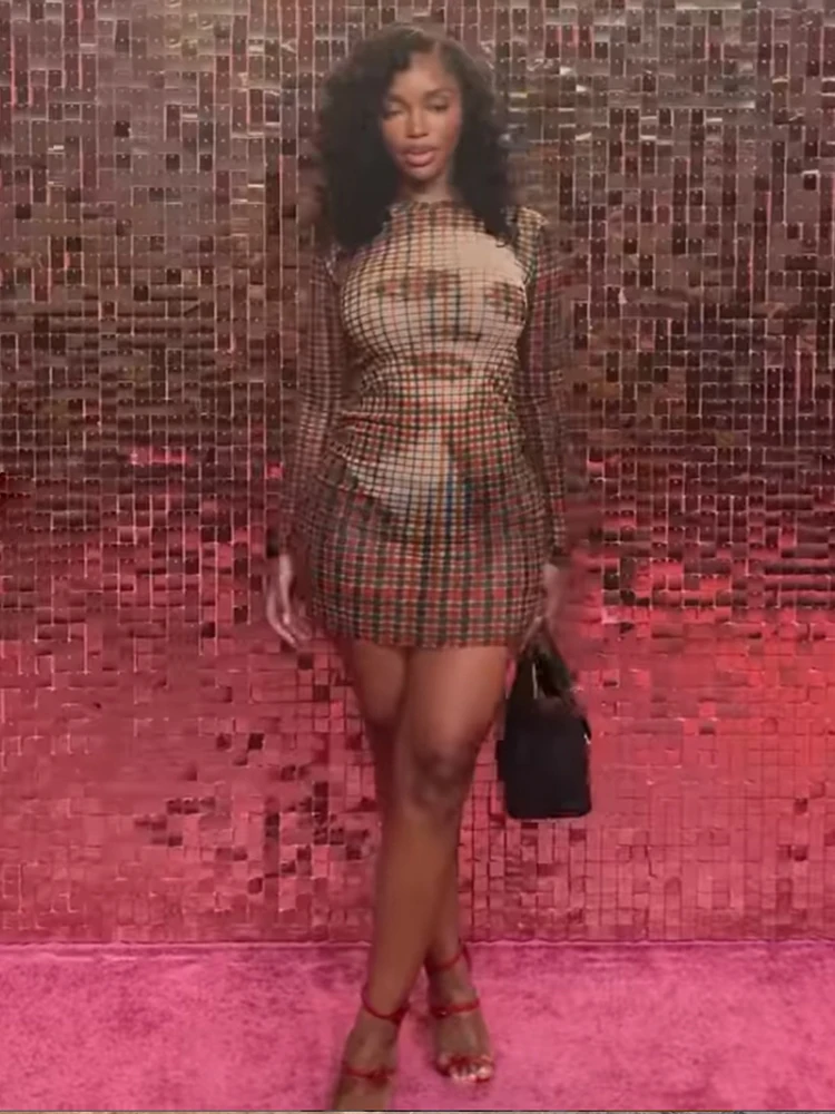 ニバーフェイスプリントドレス女性チェック柄パッチワークoネックフルスリーブスキニーストレッチミッドナイトクラブパーティー秋トレンドミニボディコン