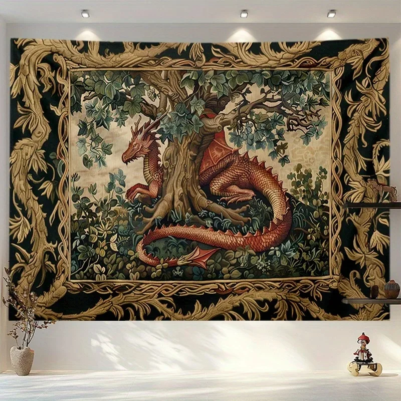 VIKAMA Fantasy Medieval Wall Tapestry Vintage Dragon Forest Tree Ornate Border Tapestry Antique Style Wall Hanging Background fo