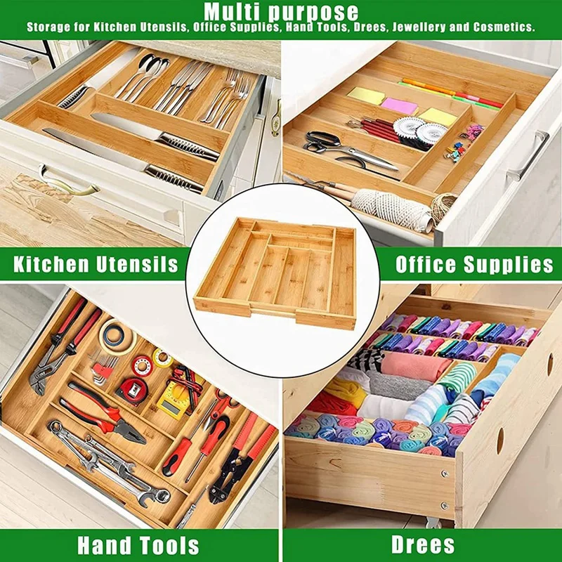 Bamboo Expandable Drawer Organizer, Silverware Organizer For Kitchen, Silverware, Cutlery And Makeup Drawers.