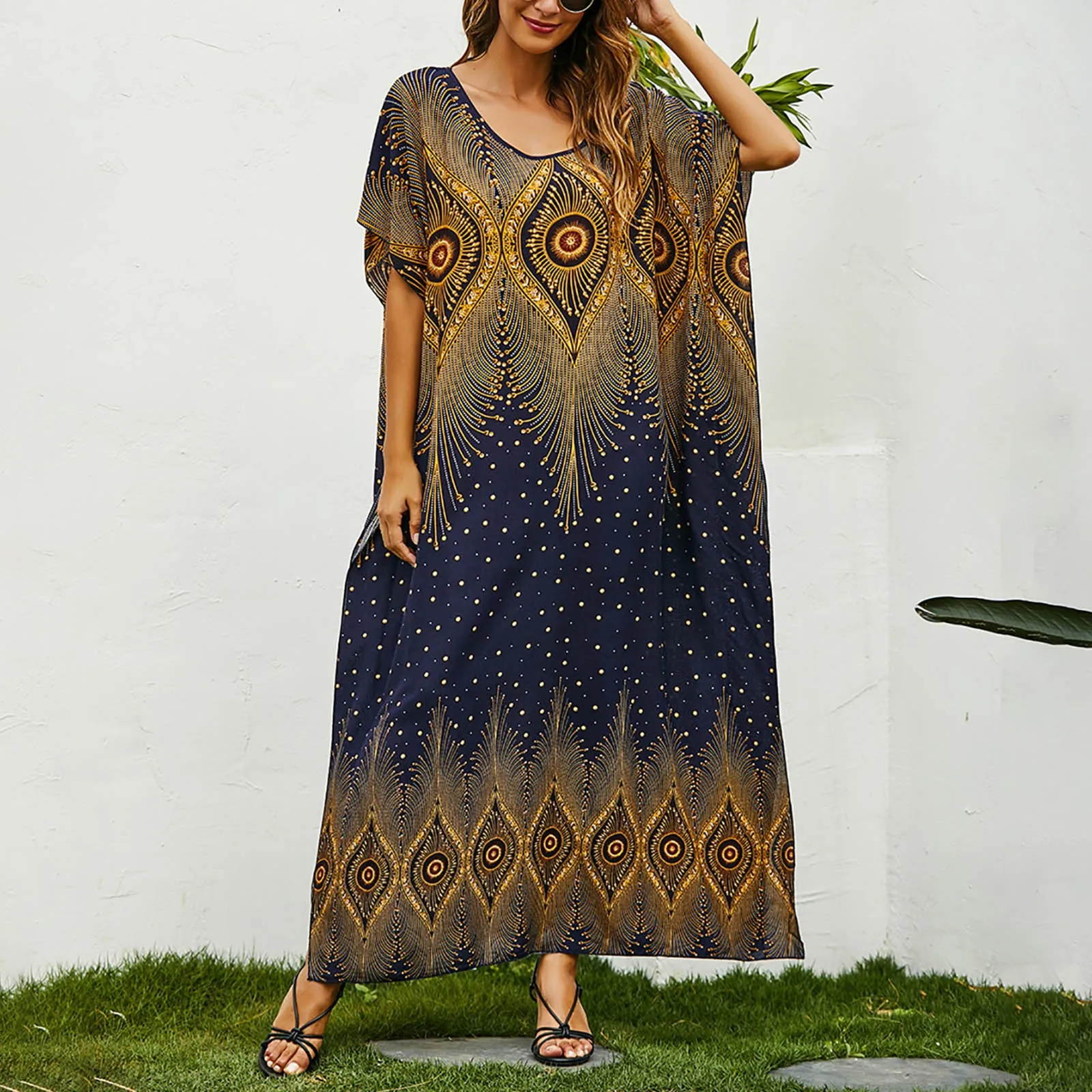 Folk Vintage Printed Dresses Summer Casual V-Neck Female Clothing Beach Style Loose Stylish Batwing Sleeve Straight Long Dress