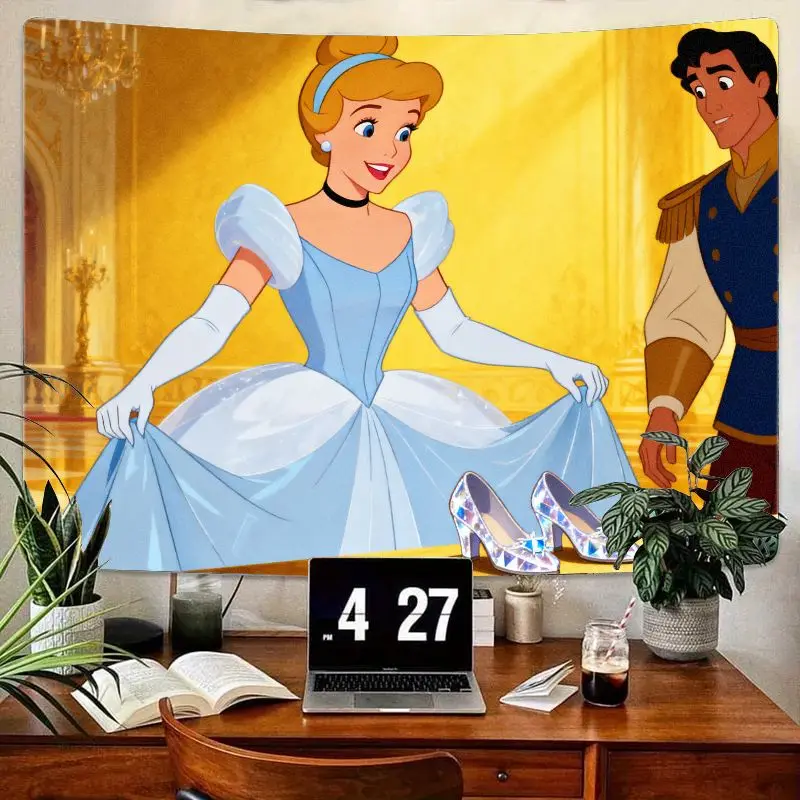 

1 шт., очаровательный сказочный гобелен Disney «Попелюшка и принц», синее платье, стеклянные тапочки, настенный художественный декор для спальни для девочек, женщин, подарок