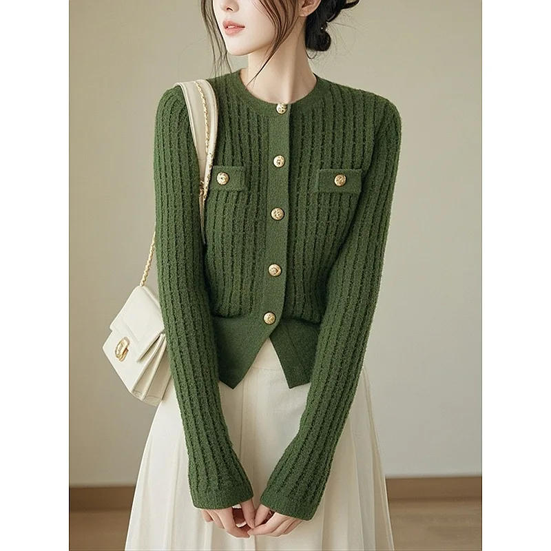 BOWEYLUN cárdigan de punto de manga larga de estilo coreano para mujer, moda de otoño, suéter verde informal, chaqueta para mujer