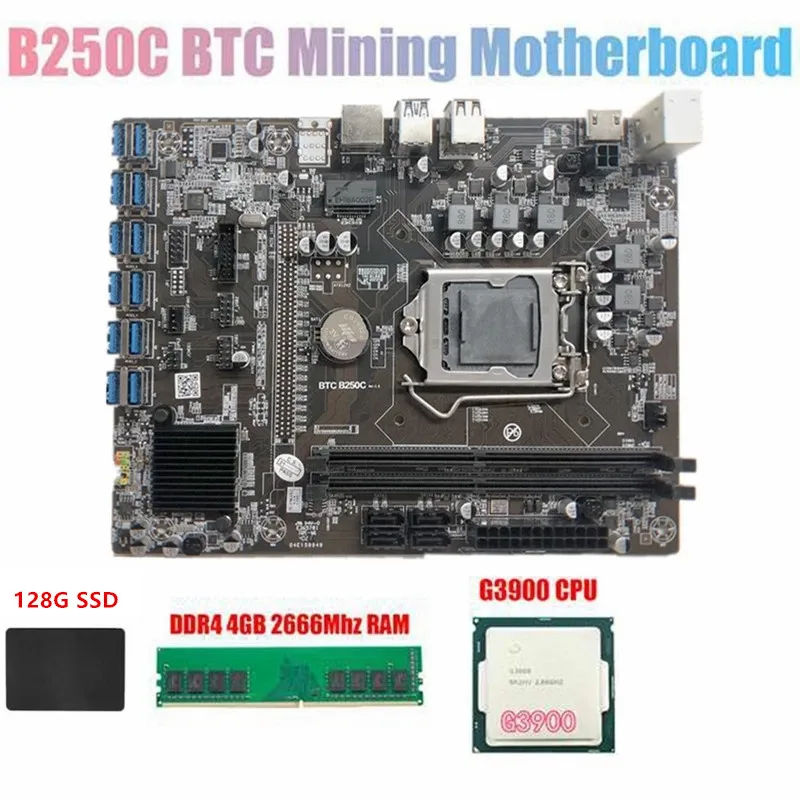 

B250C BTC Miner Motherboard+G3900 or G3930 CPU +DDR4 4GB 2666Mhz RAM+128G SSD for BTC Mining