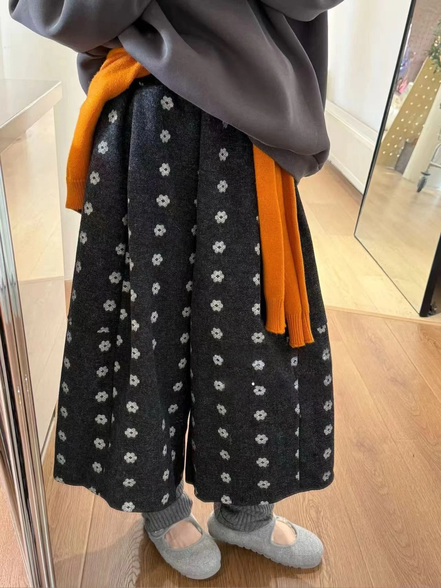 

Retro Floral Woolen Casual Pants Women's Thiened Autumn Winter High Waist Wide Leg Pants Commute Sle Polyester Fiber