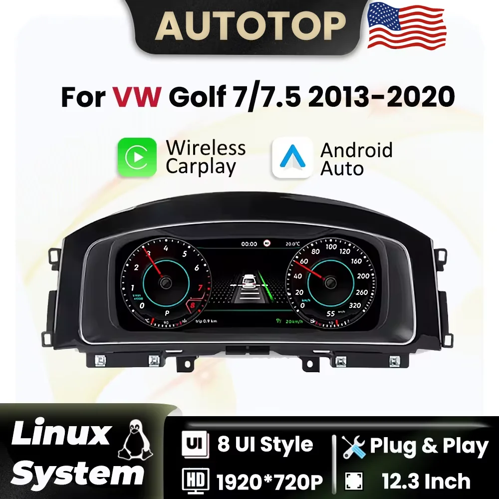 12.3 lnch Linux LCD Digital Dashboard Cluster For VW Golf 7 MK7 2013-2020 Wireless Carplay Android Auto Instrument Panel Virtual Cockpit
