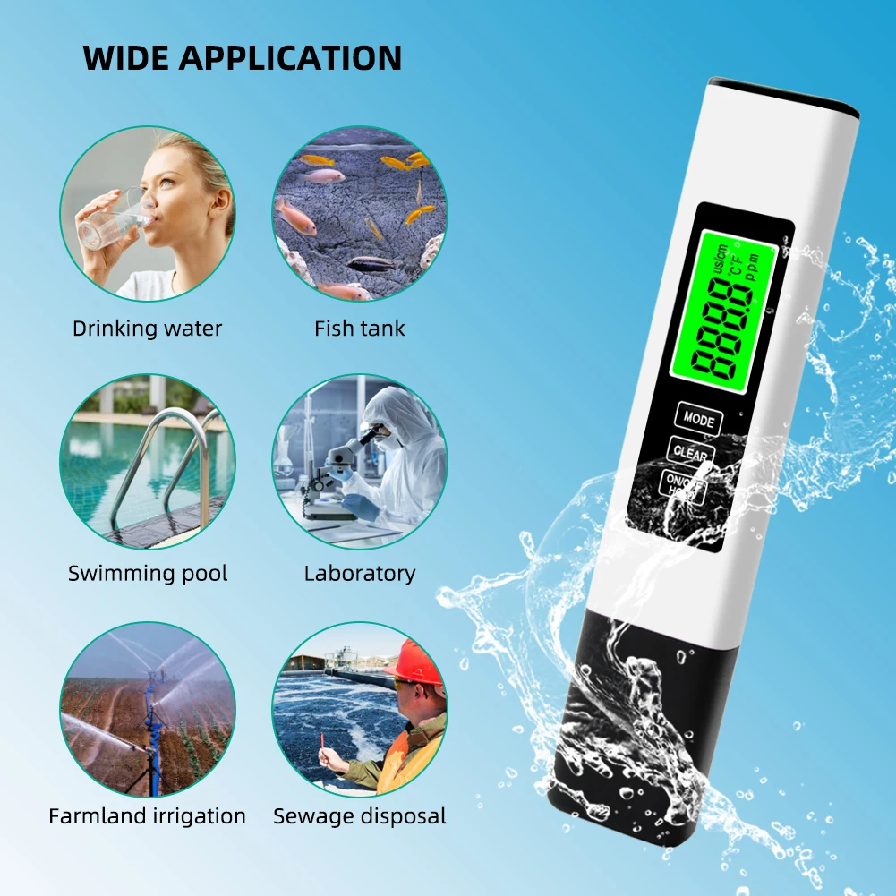 4-in-1 Digitaler Wassertester, Wassertestmessgerät 0-9990 PPM, präzises LCD-Display mit Hintergrundbeleuchtung für RO-RODI-Systeme, Trinkwasser, Aquarien