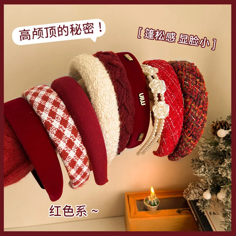 

New Year's red Xiaoxiangfeng headband, high cranial top, wide edge sponge, face wash, high-end headband, sweet autumn and winter