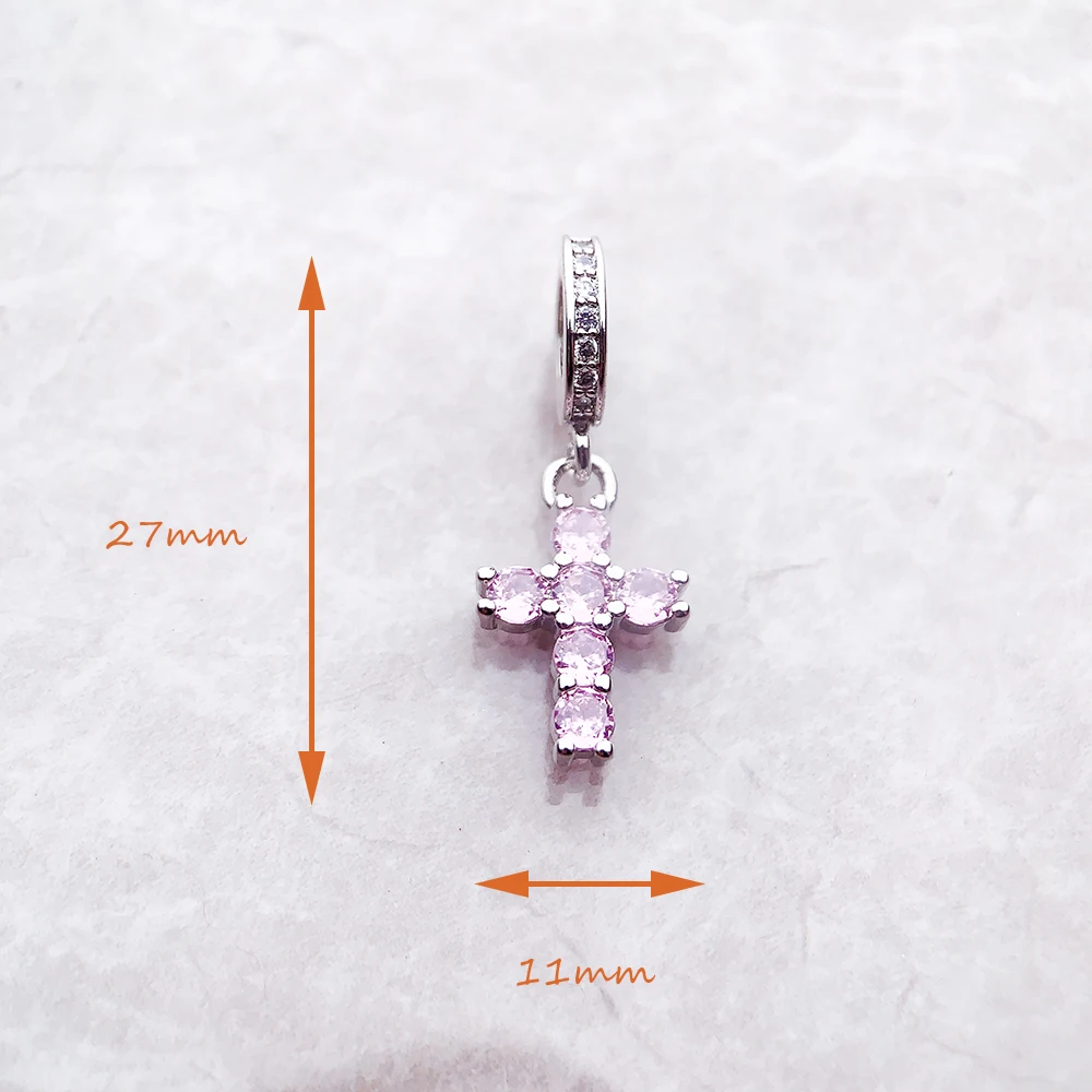 Pink Stone Cross Charm Pendant 925 Sterling Silver New DIY Jewelry Romantic Accessories For Women