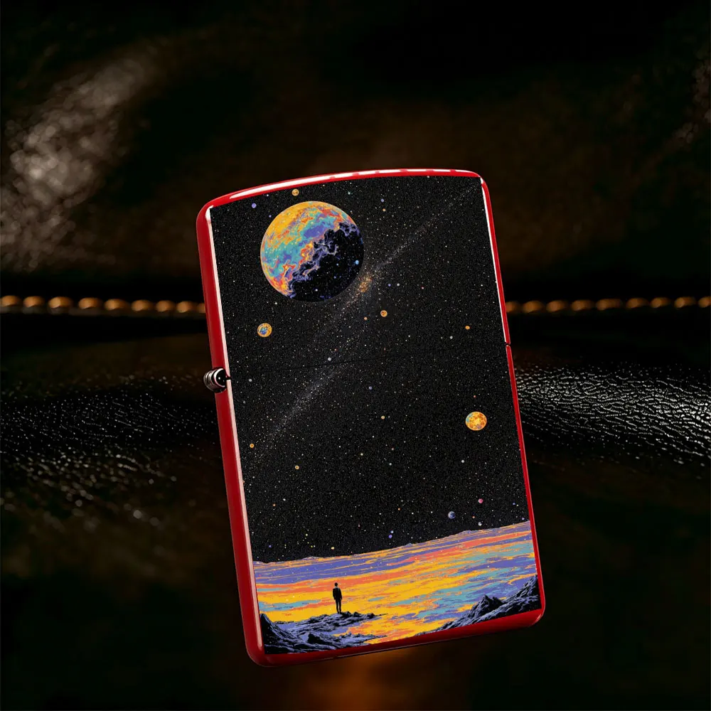 Pocket Lighter, Flip-Top Windproof Design, Metal Case with Artistic Painting of a Man Standing on a Rock Gazing at Planets, Ergonomic Grip, Portable & Durable