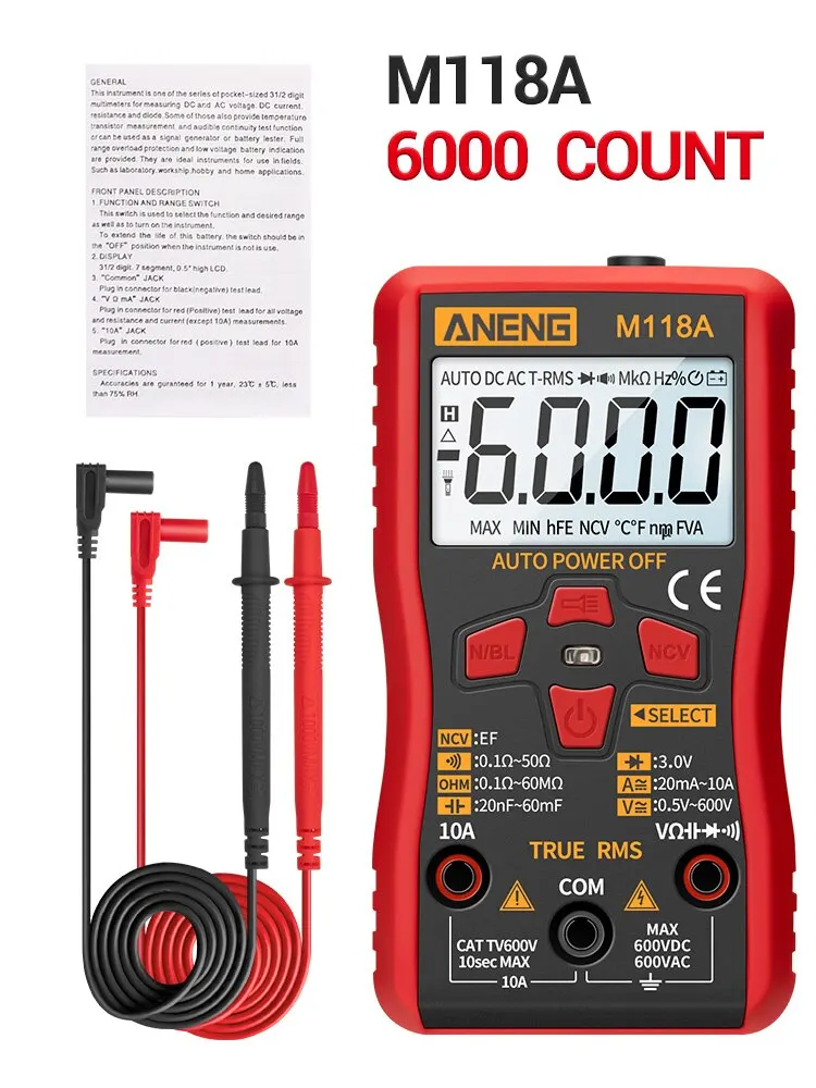 ANENG M118A Digital Mini Multimeter Tester with NCV Data Hold 6000counts Auto Mmultimetro True Rms Tranistor Meter