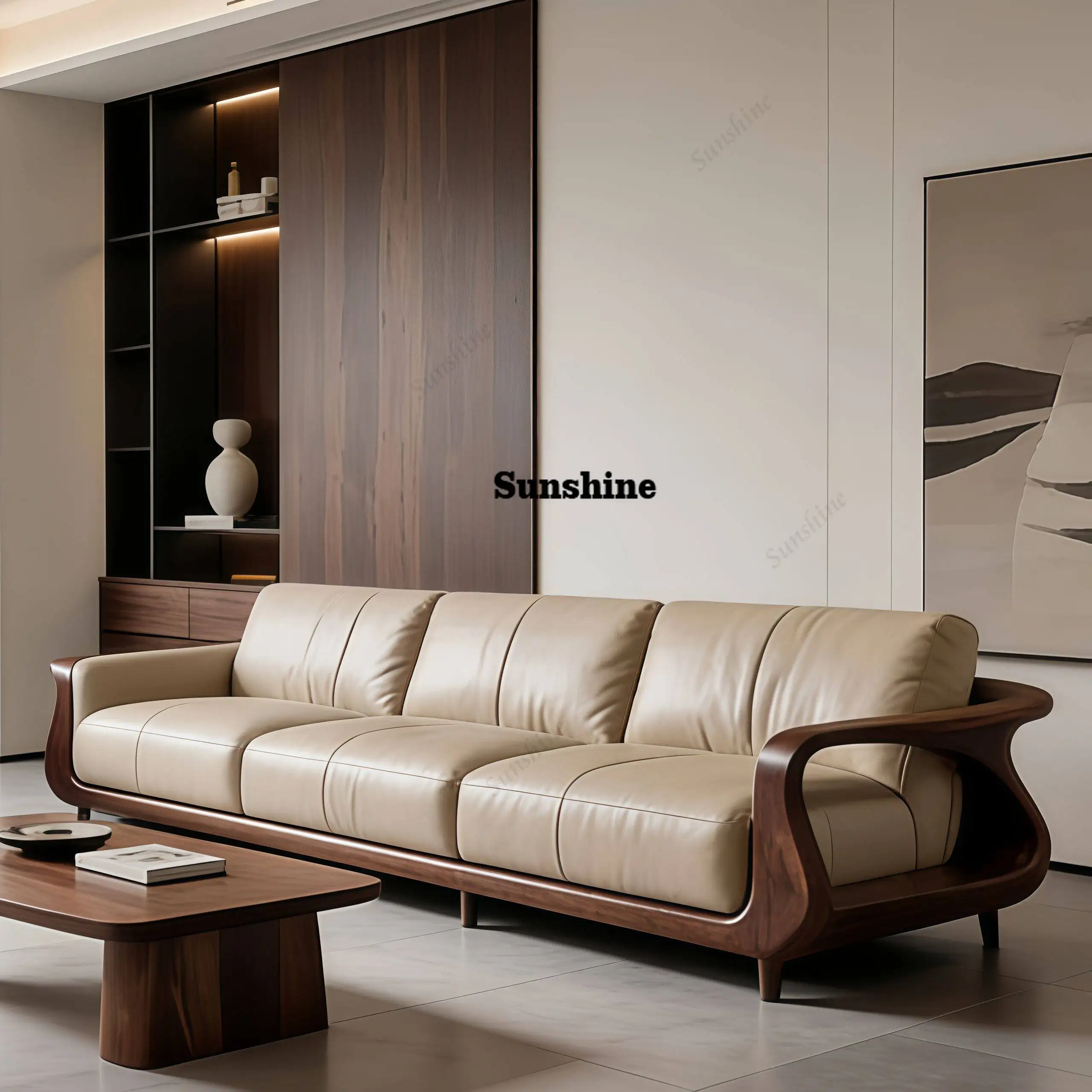 

New Chinese solid wood high-end leather art homestay home sofa large apartment customization