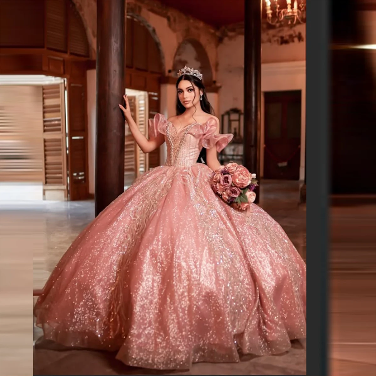 

Off The Shoulder Pink Sequined Ball Gown Prom Dress Lace Appliquesd Beaded Sweep Train Evening Gowns Wedding Party Dress