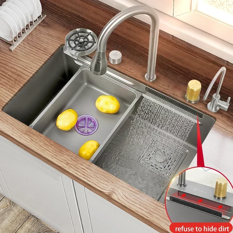 

Kitchen Sink 304 Stainless Steel Large Single Slot With Multifunction Touch Waterfall Faucet For Renovation