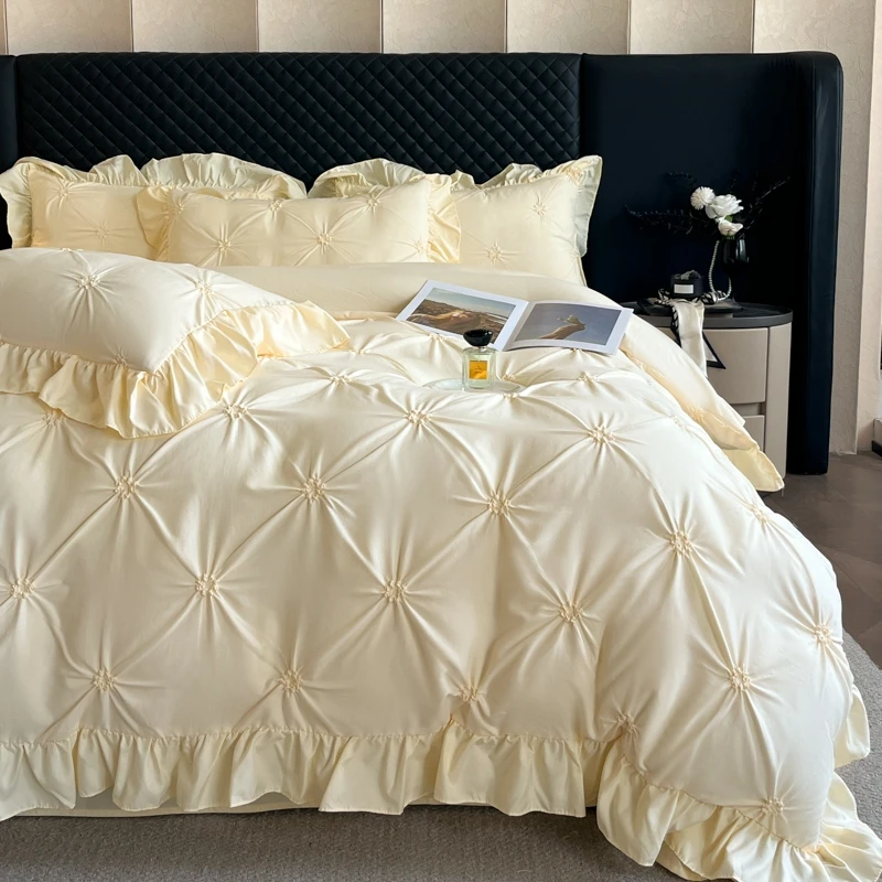 

Solid color princess wind-washed cotton skin-friendly cotton twist lace craftsmanship beautiful series four-piece set