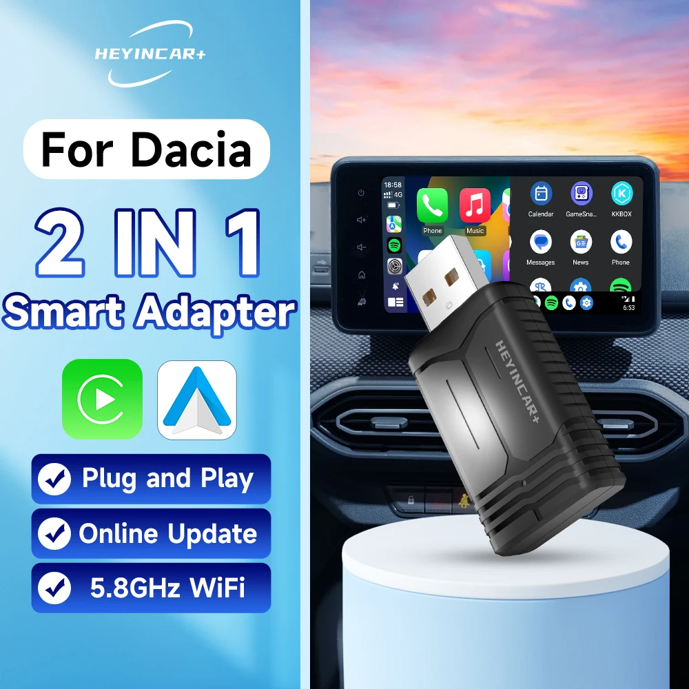 Новинка 2024 года, беспроводной адаптер HEYINCAR 2-в-1, Android, автомобильный адаптер Carplay