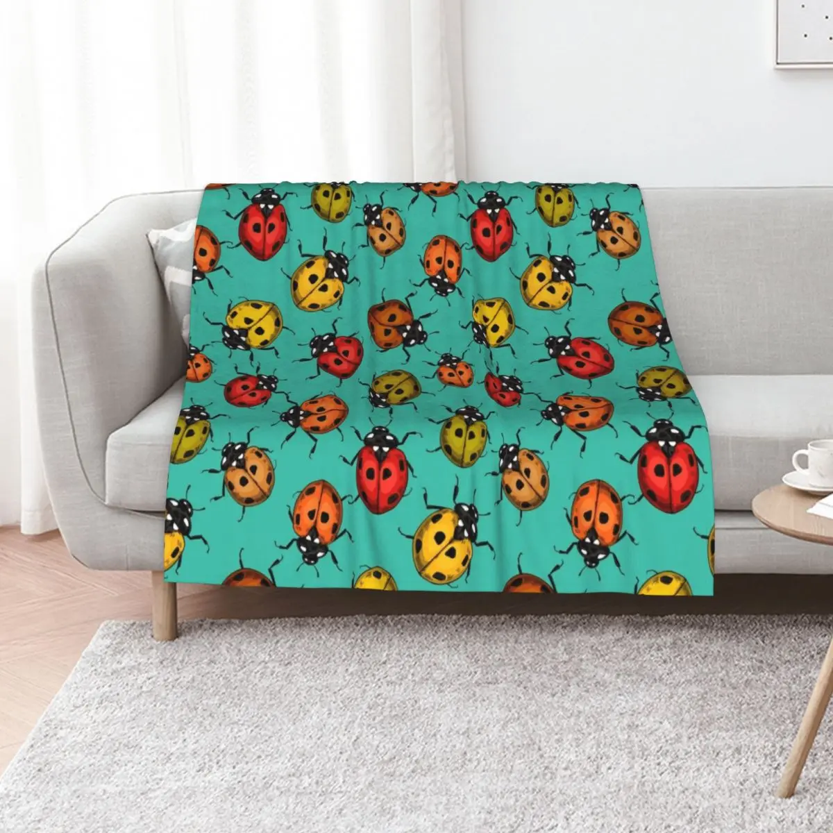 

Colorful ladybugs on turquoise Throw Blanket Sofa Warm Decoratives Giant Sofa Blankets