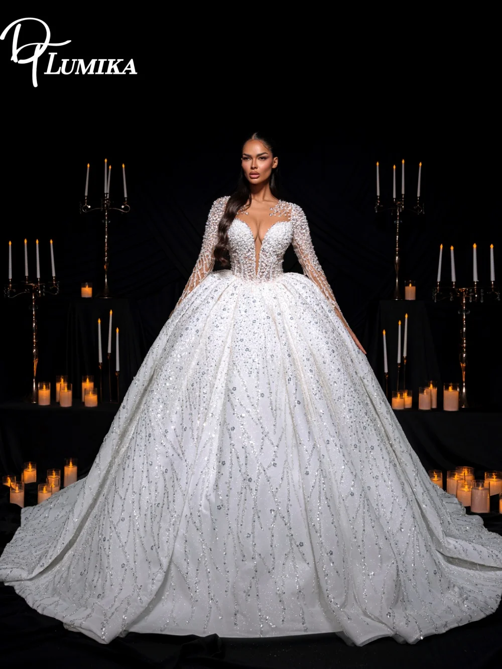 Sparkling Illusion Deep V Wedding Dress 2026 Romantic Long Lace Sleeves Sparkling Beaded Crystal Bride Dress Vestido De Novia