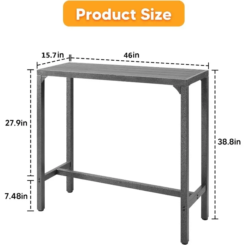 TMEE Bartisch für den Außenbereich, hoher Pub-Tisch für Terrasse, 46 Zoll l, Thekenhöhtisch mit wasserdichter Platte und stabilem Metallrahmen