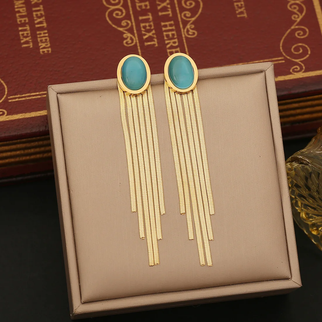 stainless steel long tassel pearl earrings for women, fashionable retro egg shaped cat eye earrings, Valentine's Day gift E558