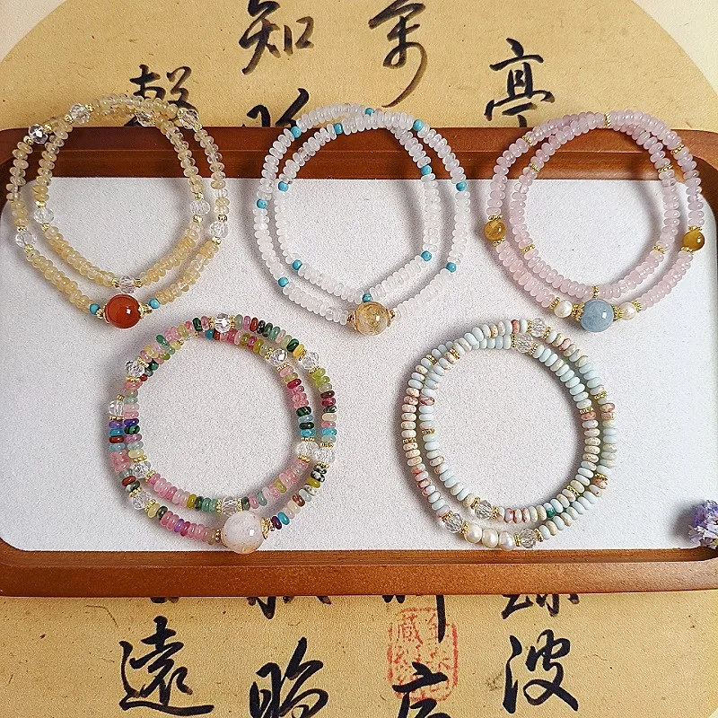 Cuentas de ábaco de 4x2Mm, pulsera apilada de doble círculo colorida para mujer, piedra Shoushan ligera, joyería de lujo de alta gama