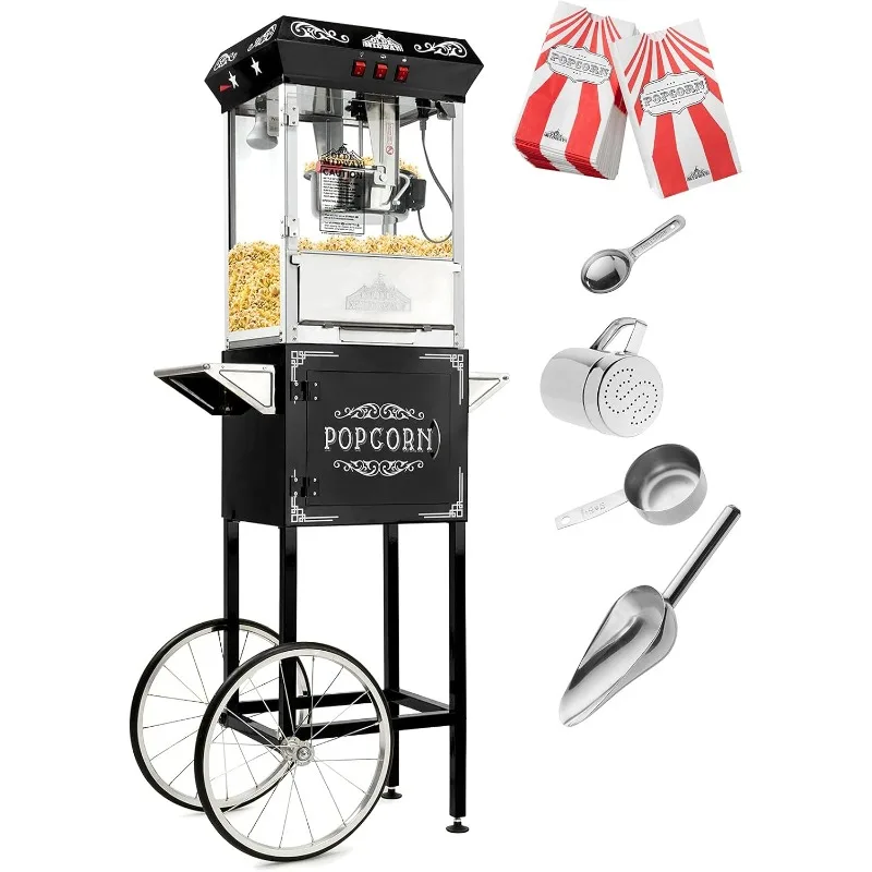 Vintage Style Popcorn Machine Maker Popper with Cart and 8-Ounce Kettle - Black,15.75"L x 27"W x 60.5"H