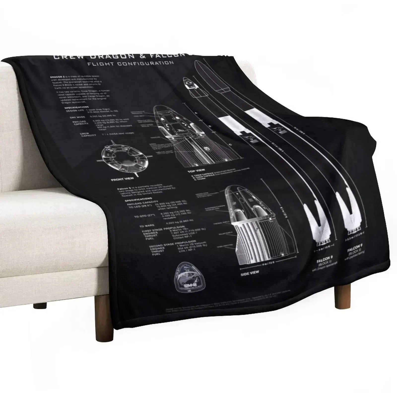 SpaceX Crew Dragon Spacecraft & Falcon 9 Rocket Blueprint in High Resolution (all black) Throw Blanket Hair Sofa Throw Blankets