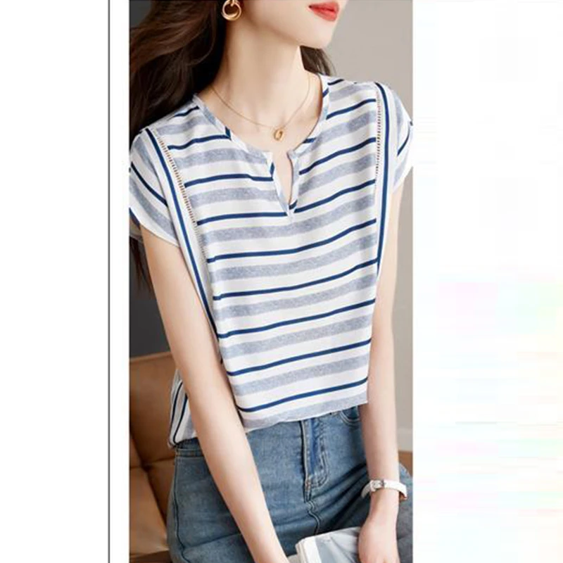 Summer Elegant Fashion Striped Printing Loose Chiffon Shirt Lady Short Sleeve All-match Casual Blouse Women Vintage Pullover Top