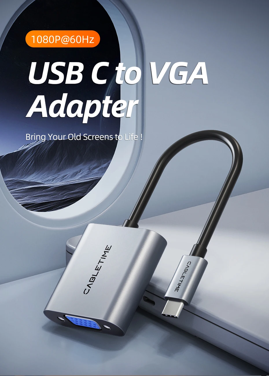 CABLETIME Typ-C zu VGA Adapter HD 1080p 60Hz Kabelkonverter USB-C zu VGA Buchsenadapter für iPhone iPad PC Typ-C Adapter – Detail 1