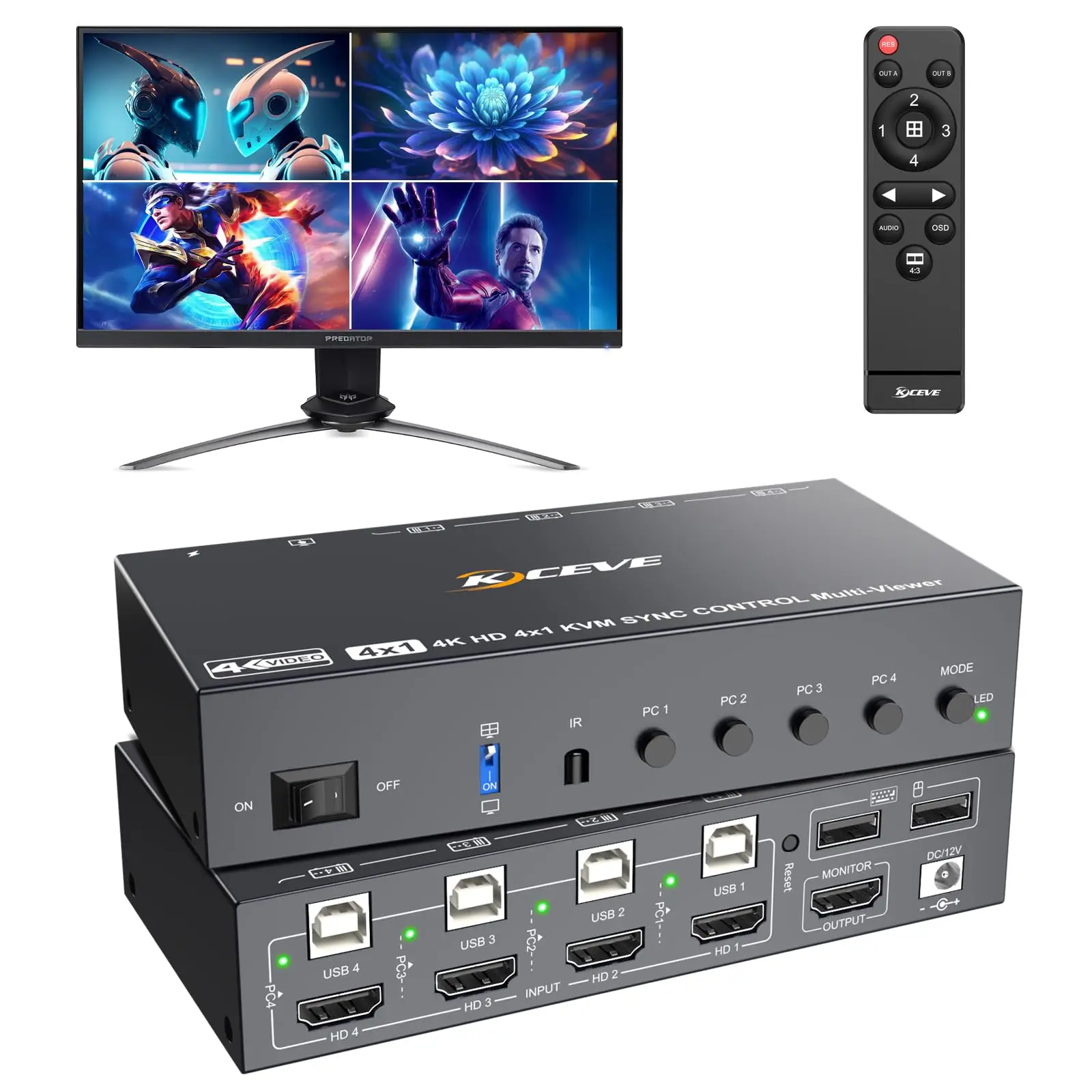 

Quad View KVM Switch 4 Port HDMI,4 Port KVM Switch HDMI,Multi Screen,Simultaneous Display,SYNC,Pip Mode, 4 PC 1 Monitor Mode