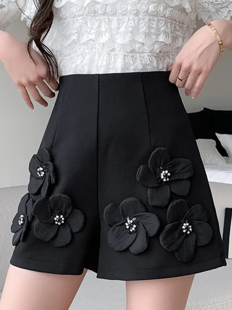 High Waist Beaded Flower Suit Shorts For Women 2024 New Spring/Summer Loose Slimming Versatile Wide Leg Pants