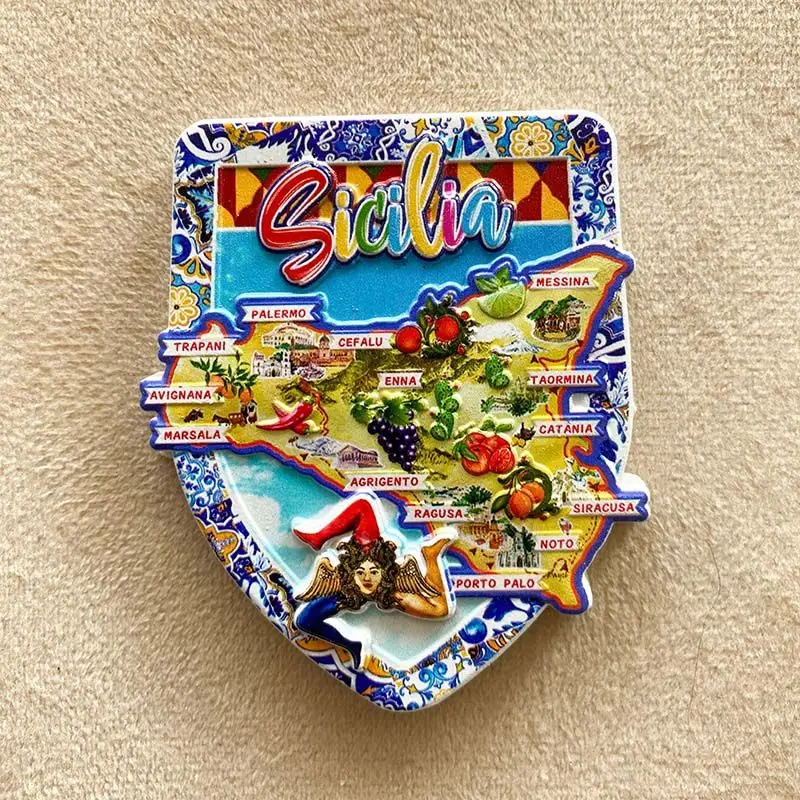 

Sicily Fun Map Fruit World Travel Souvenirs Home Decorations Three-dimensional Painted Refrigerator Magnets