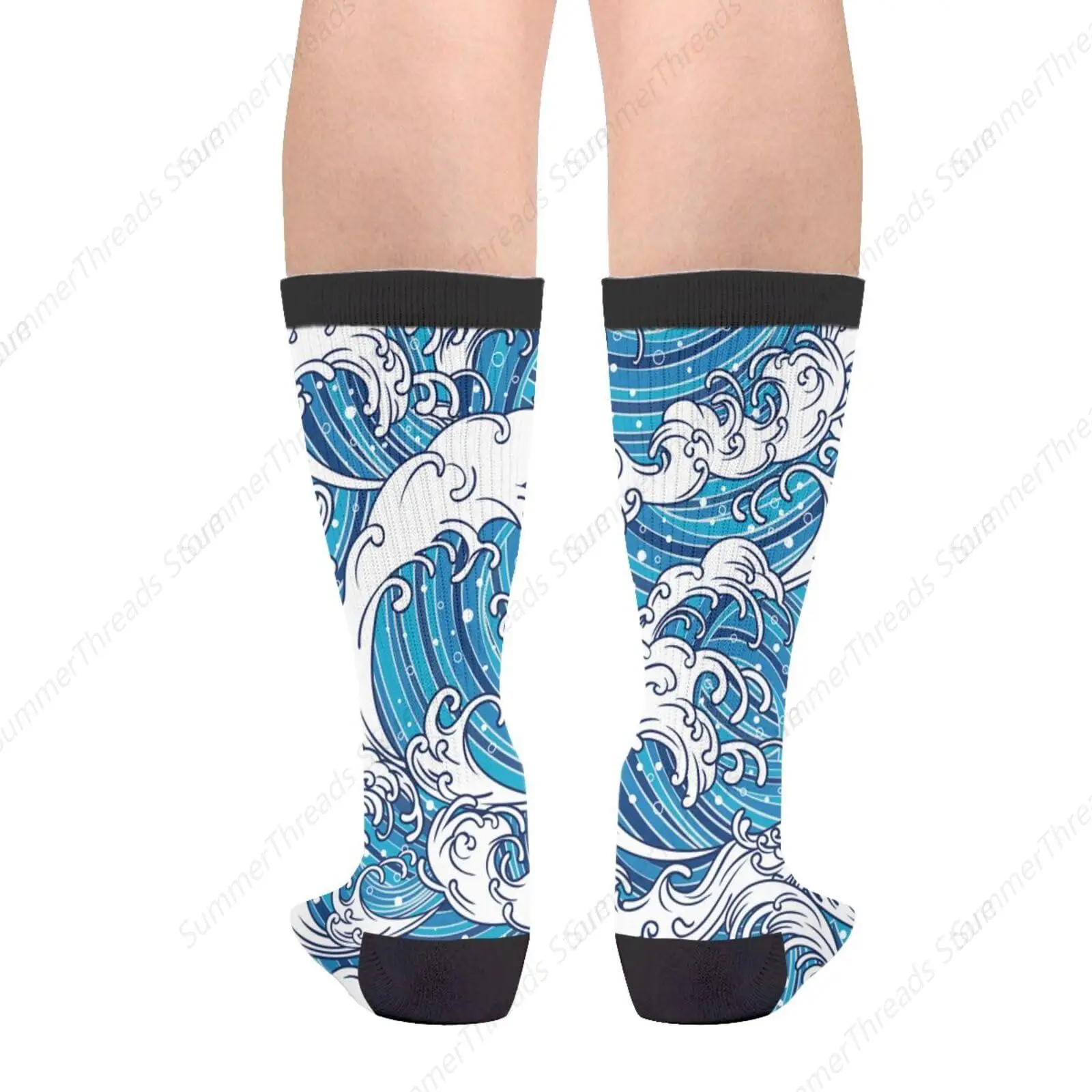 Japan Sea Waves Novelty Crew Socks Casual Crazy Funny Dress Socks For Women Men Teens Gift