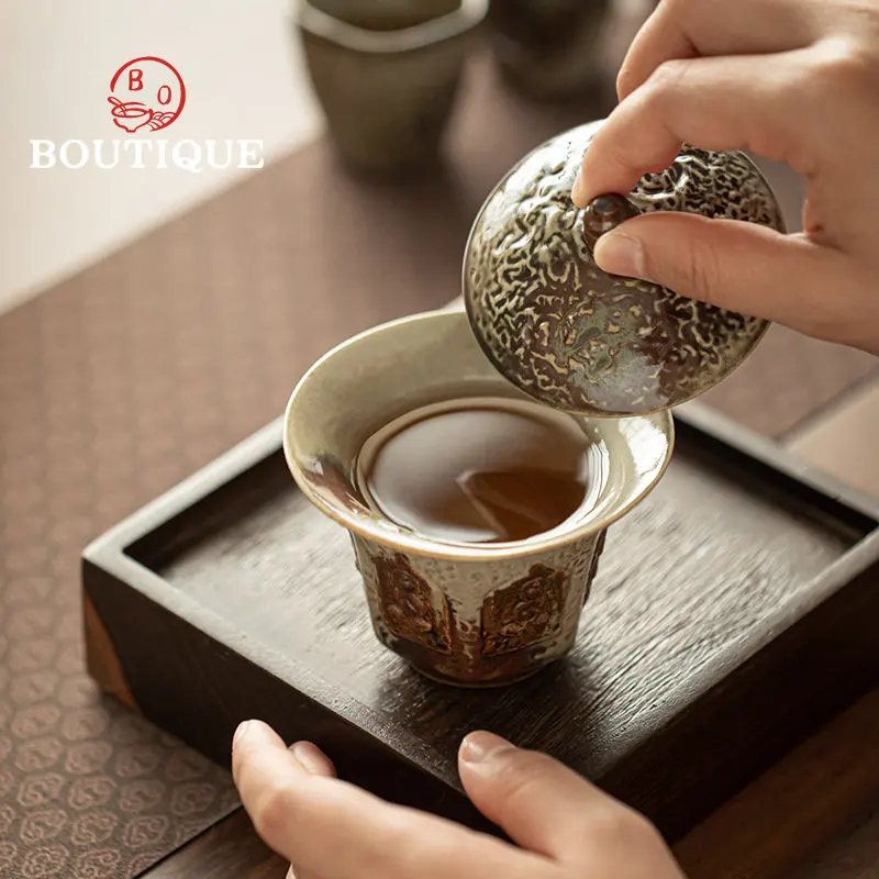 150ml Coarse Pottery Retro Dunhuang Tea Tureen Handmade Gaiwan Ercai Bowl Large Respect Teacup Tea Bowl Tea Cup Kung Fu Tea Set