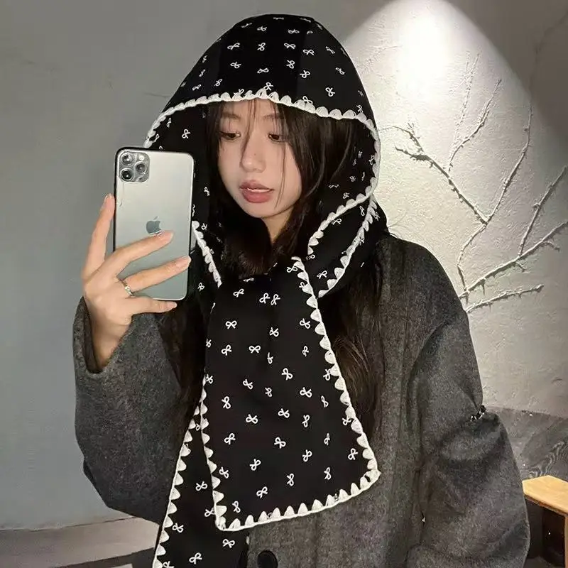 

Шарф с бантом, шапка, интегрированный зимний теплый шарф, женский универсальный шарф с капюшоном Tide