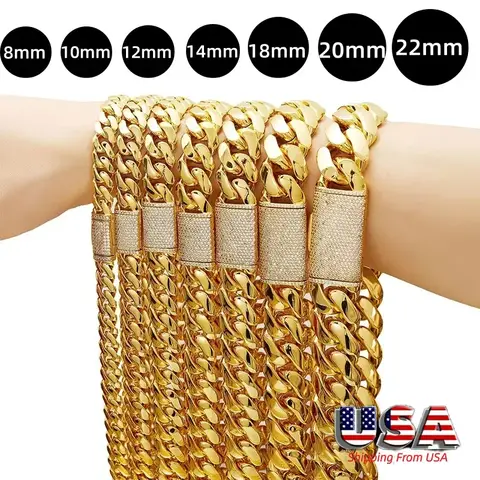 8-22mm Hip Hop Bling Iced Out 18k Gold-plated Stainless Steel Dense Cuban Miami Link Chain Necklaces for Unisex  Rapper Jewelry