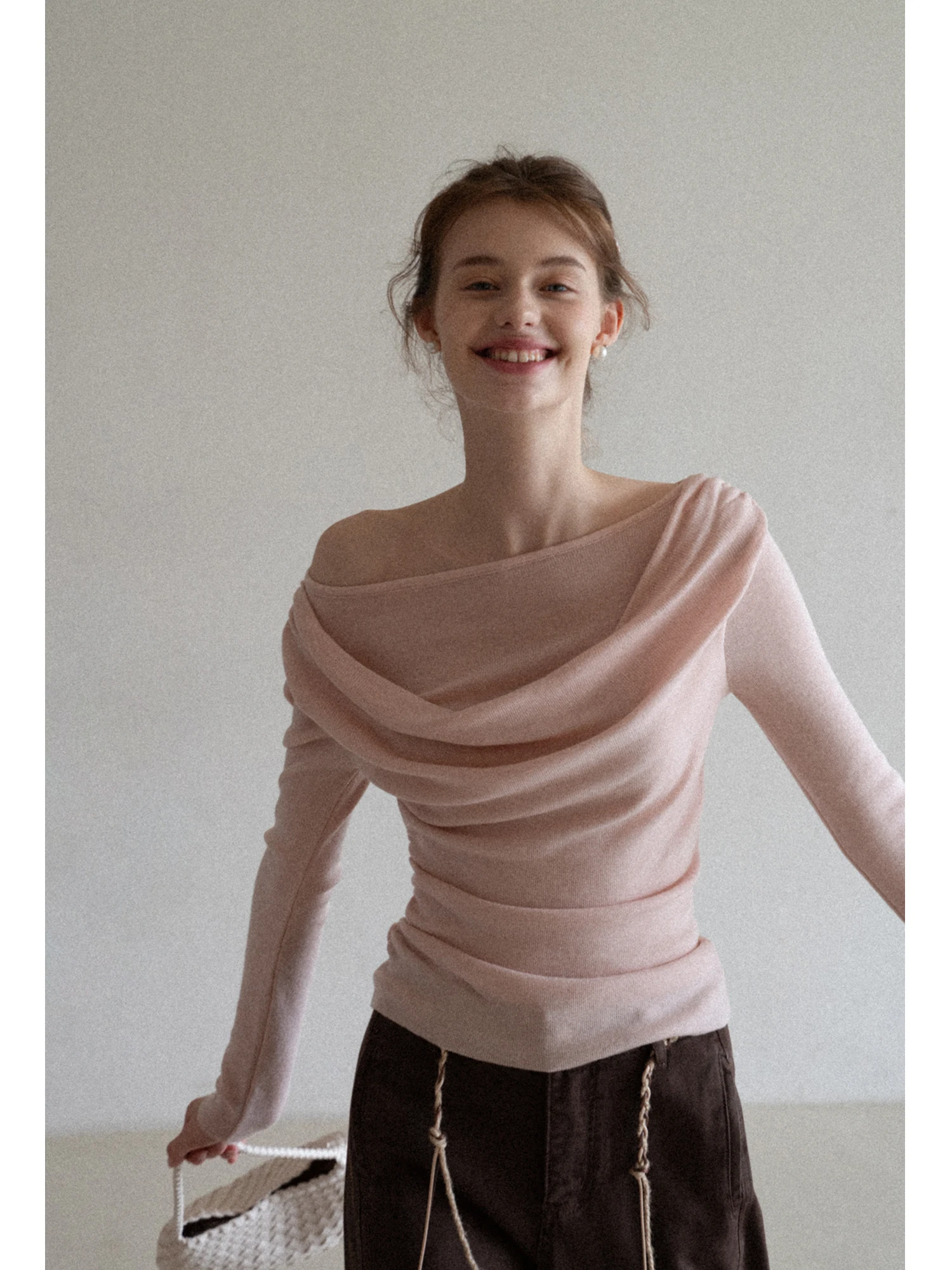 

Женский вязаный длинный топ Eggka, облегающий топ Ele, повседневный, со сборкой на талии, дизайн на одно плечо, ранняя осень, новое поступление