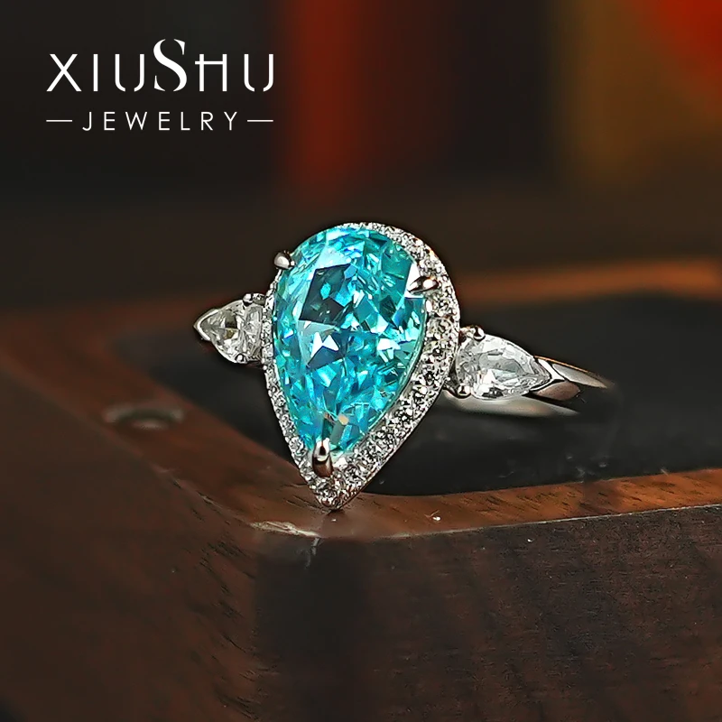 Swiss Blue Droplet 925 Silver Ring Sparkling Radian Crushed Ice Cut Topaz High Carbon Diamonds, Luxurious and Elegant