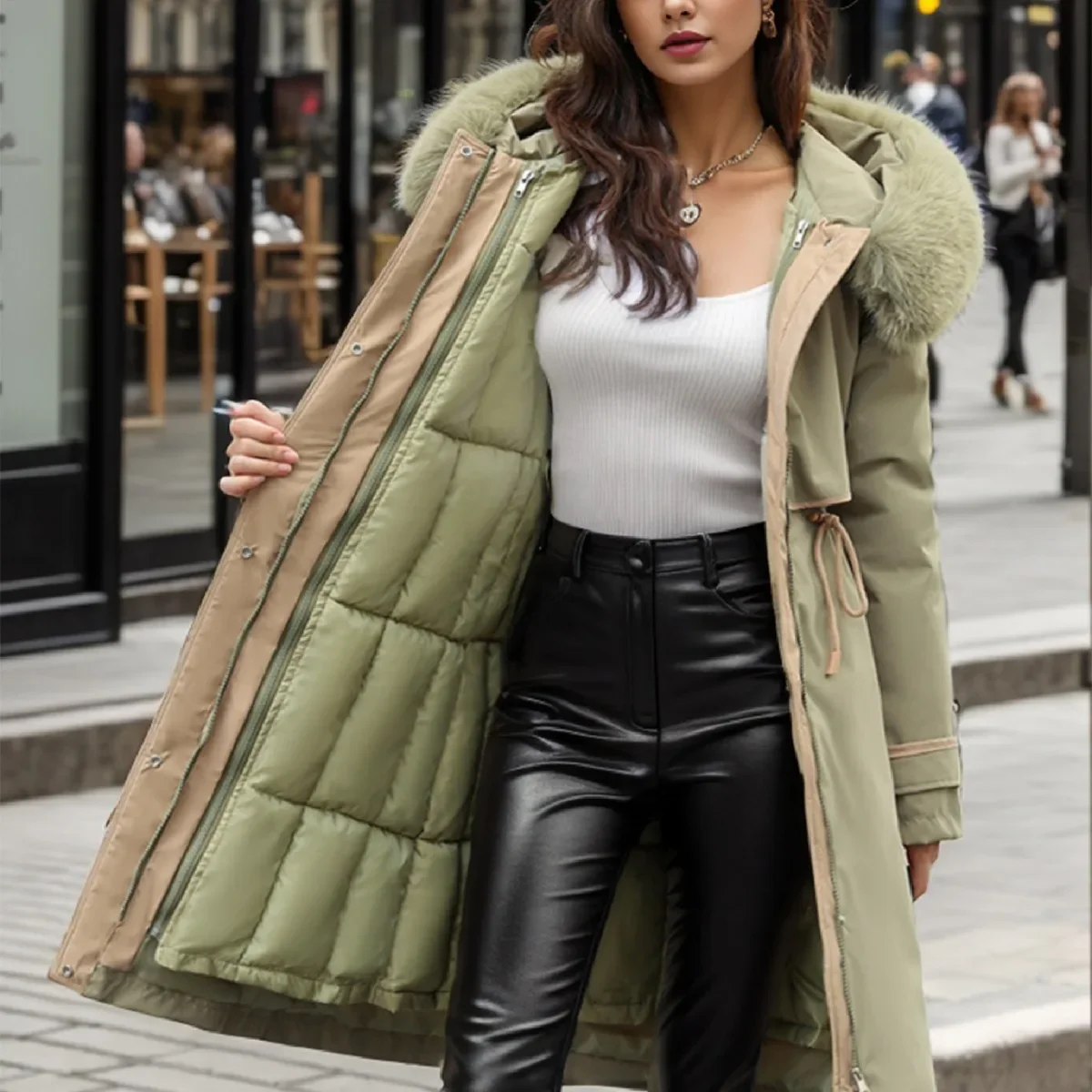 2025 Women's Parkas Coats Winter Female Fur Collar Warm Thicken Warm Long Cotton Jacket Women Waist Drawstring Jacket For Women