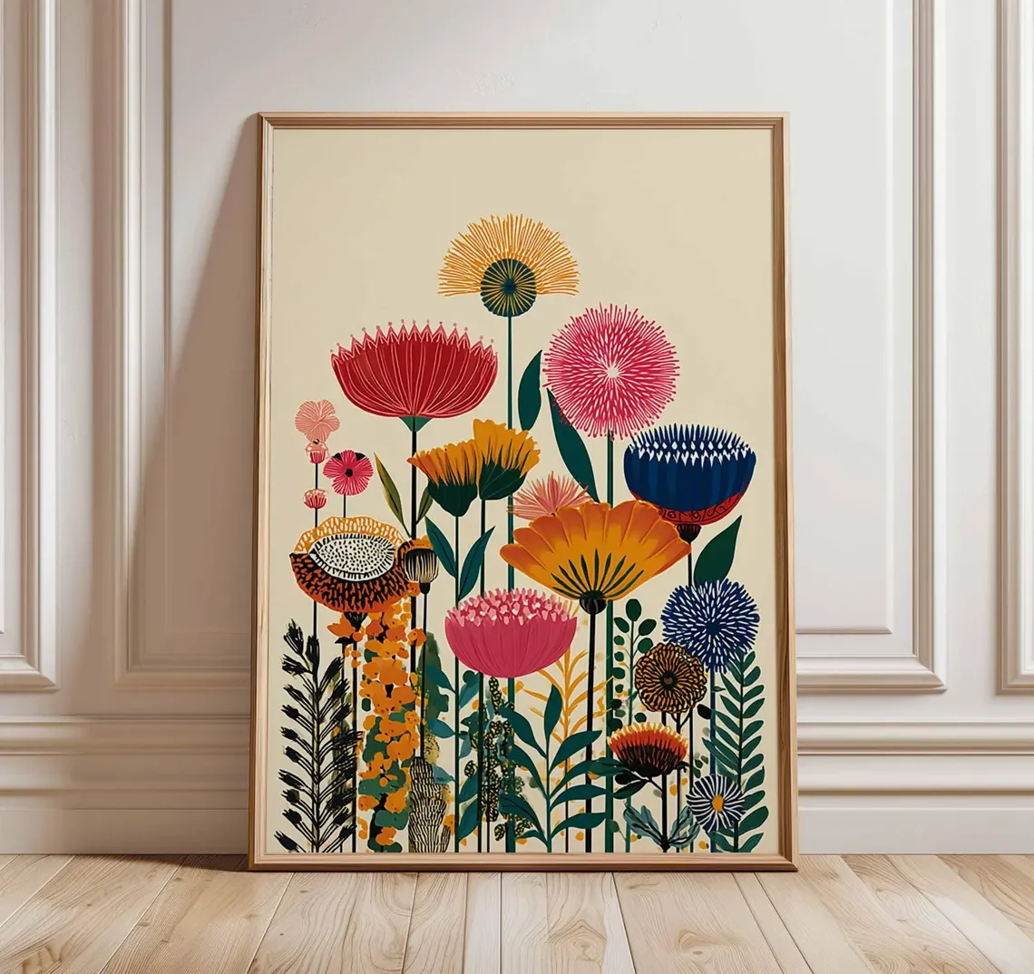 Bunter botanischer Wandkunstdruck, modernes Blumenposter, lebendiges Blumenkunstwerk für Wohnzimmer- oder Schlafzimmerdekoration