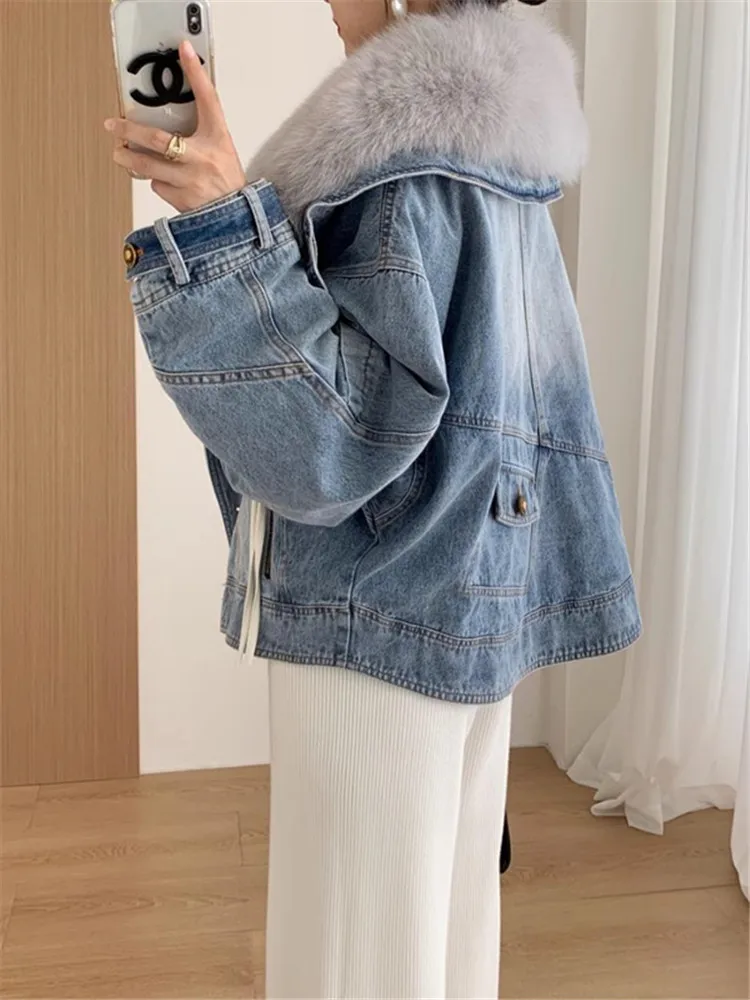 2023 New Winter Imitation Fox Fur Denim Jacket Women\'s Overcoat Fashion Blue Fur Collar Cotton-Padded Jacket Liner Jeans Coat