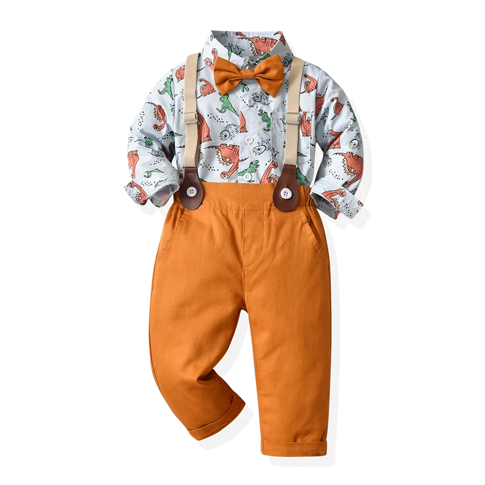 

New Baby Boys Gentleman Clothing Sets Gentleman Style Long Sleeve Bowtie Shirts Cartoon Dinosaur Print Tops+Overalls Outfits